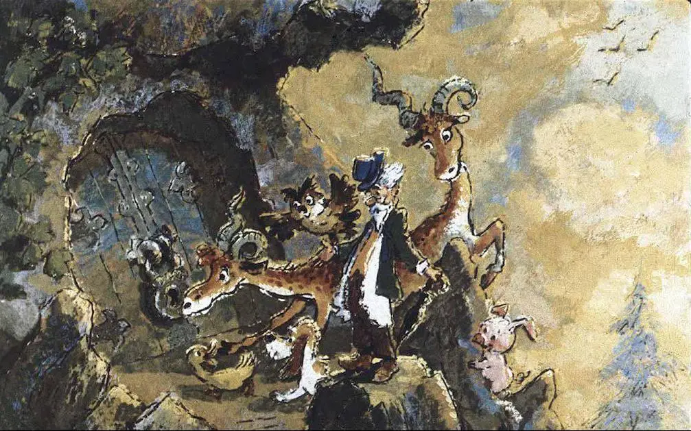 Ilustrație artistică cu o peisaj fantastice care include animale precum cerbi, păsări și un personaj uman într-o așezare rococo.