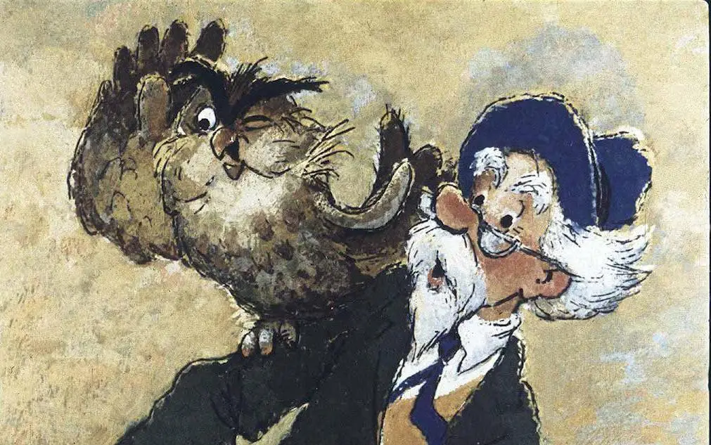Ilustrație cu un bărbat în vârstă și o bufniță pe umărul său, având expresii jucăușe.