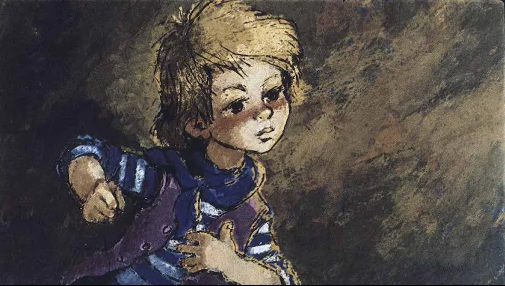 Ilustrație a unui băiat cu părul blond, îmbrăcat în haine cu dungi, care face o expresie de surpriză.