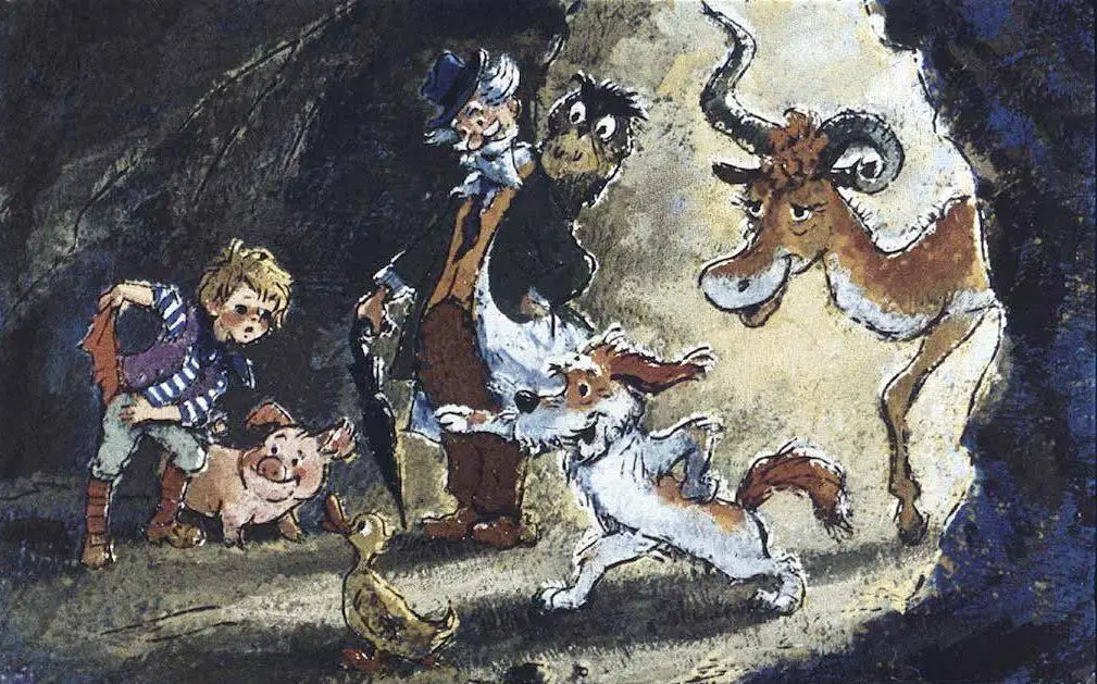 O ilustrație artistică care prezintă un grup de personaje, inclusiv un băiat, un porc, un câine și un țarc de animale, într-un peisaj de peșteră.