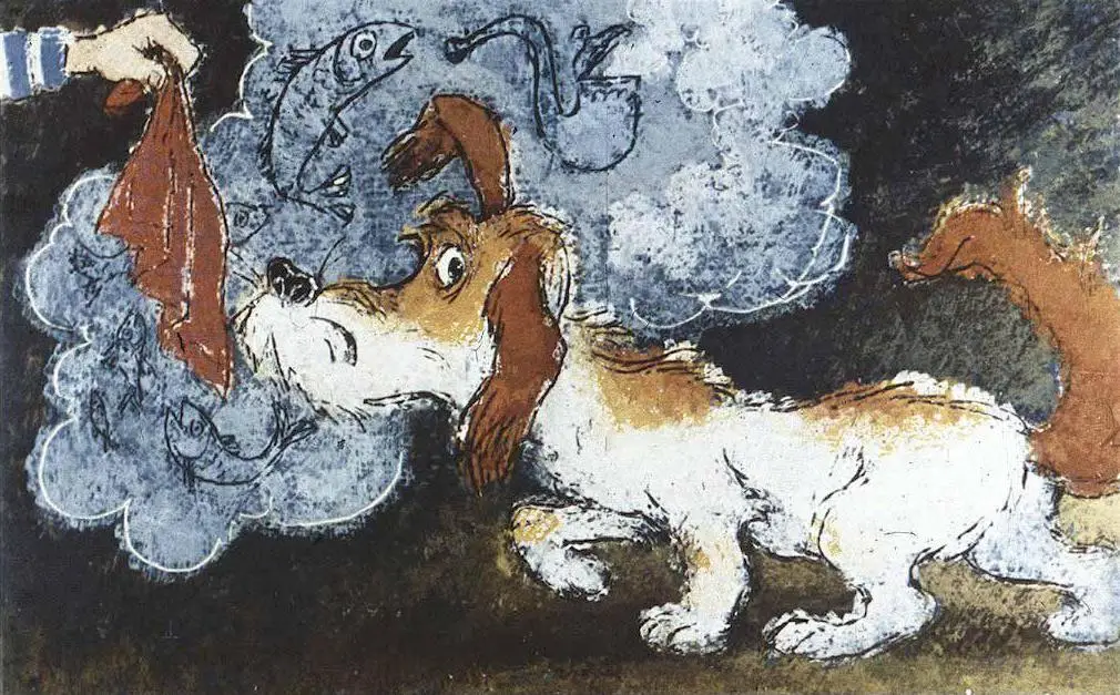 Ilustrație cu un câine care privește o bucată de material ținută de o mână, înconjurat de formele unui pește și un mediu artistic abstract.