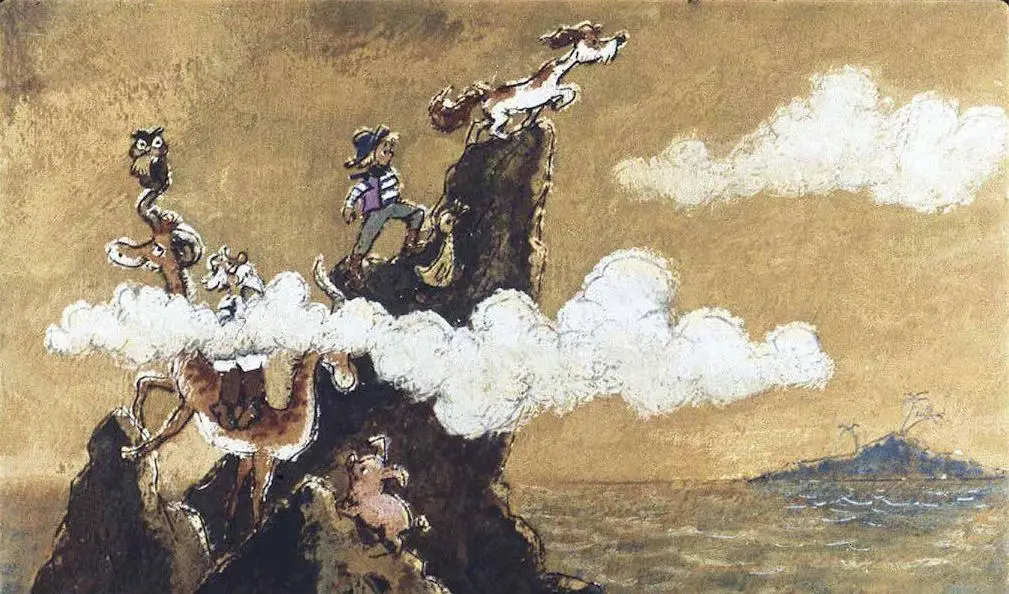 O ilustrație artistică care prezintă animale și un om pe o stâncă, cu nori și mare în fundal.