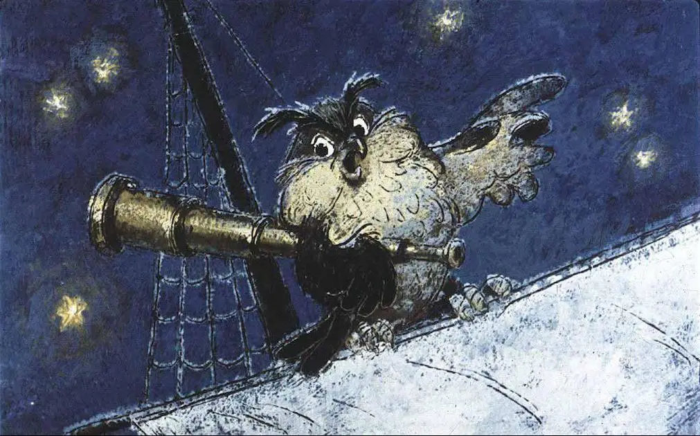 Ilustrație cu o bufniță care folosește un telescop, pe un vas, observând stelele noaptea.