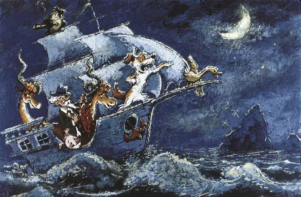 Ilustrație cu un vapor pe mare în timpul nopții, având animale pe punte, precum câini, o rață și un om, sub un cer înstelat cu luna.