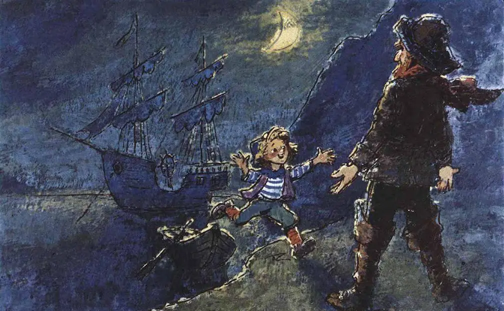 Ilustrație nocturnă cu un băiat vesel întâlnind un marinar lângă o barcă și o navă pe fundal, sub lumina lunii.