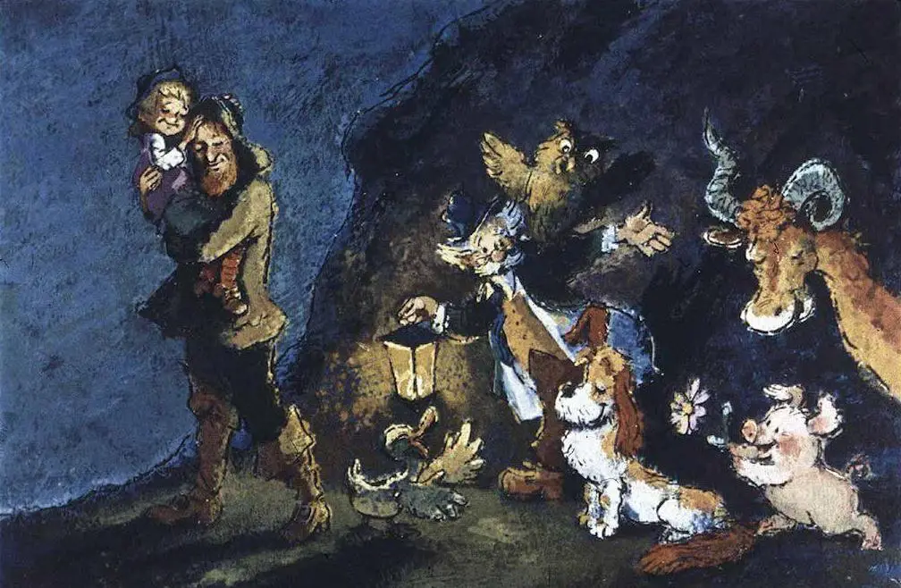 O ilustrație care prezintă un grup de personaje diverse, inclusiv un om cu un copil în brațe, alături de animale și o atmosferă întunecată.