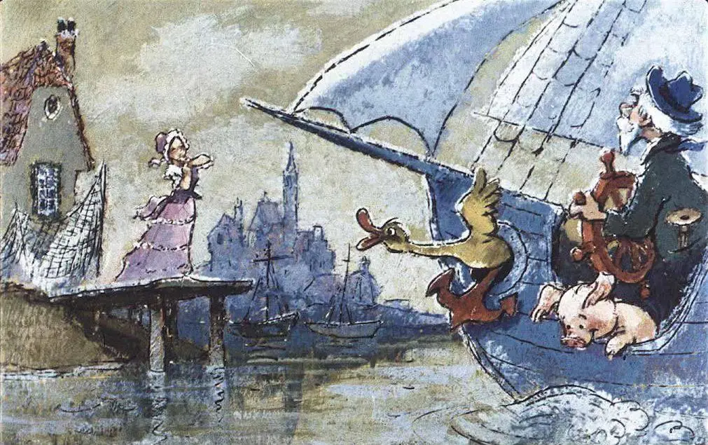 O ilustrație animată ce prezintă o scenă pe apă cu o femeie într-o rochie violet, un bărbat cu o pălărie și doi alți prieteni, incluzând o rață, pe o barcă, cu un peisaj de oraș în fundal.
