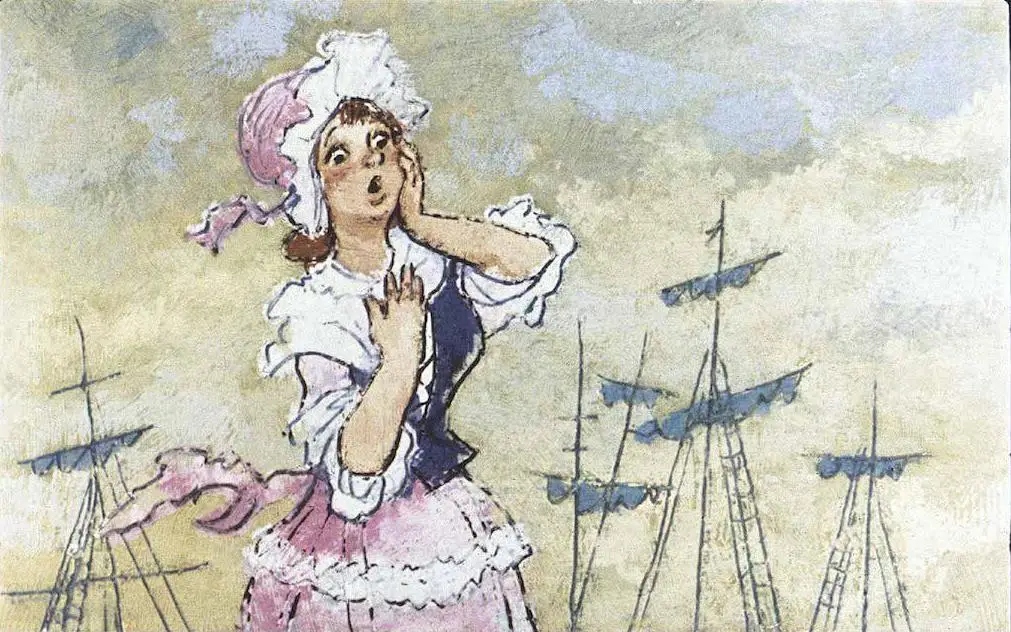 Ilustrație cu o femeie îmbrăcată în costum traditional, ținându-și o mână la obraz, în fața unor nave pe fundal.