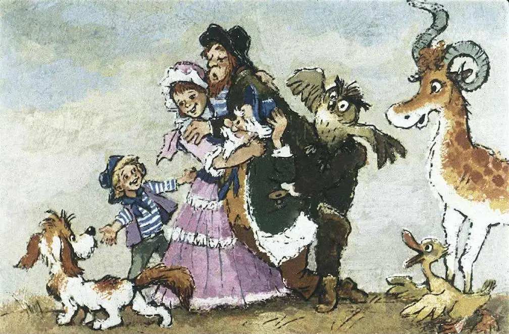 Ilustrare colorată a unui grup de personaje animate, inclusiv oameni și animale, într-o scenă veselă în aer liber.