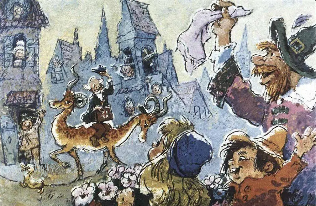 Ilustrație colorată cu un peisaj de stradă dintr-un oraș animat, cu personaje diverse, inclusiv un bărbat pe un animal, oameni care zâmbesc și interacționează.