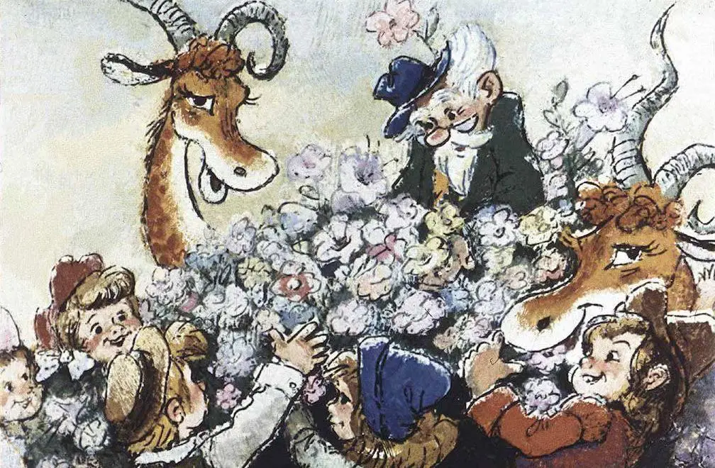 Ilustrație animată cu oameni și animale care interacționează într-un mediu plin de flori.