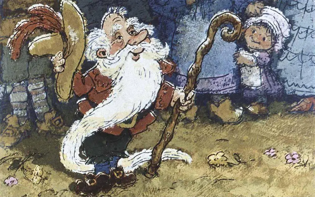 O ilustrație colorată care arată un bătrân cu barbă lungă, purtând o pălărie și ținând un toiag, zâmbind. În fundal, se văd alte personaje, inclusiv un copil.