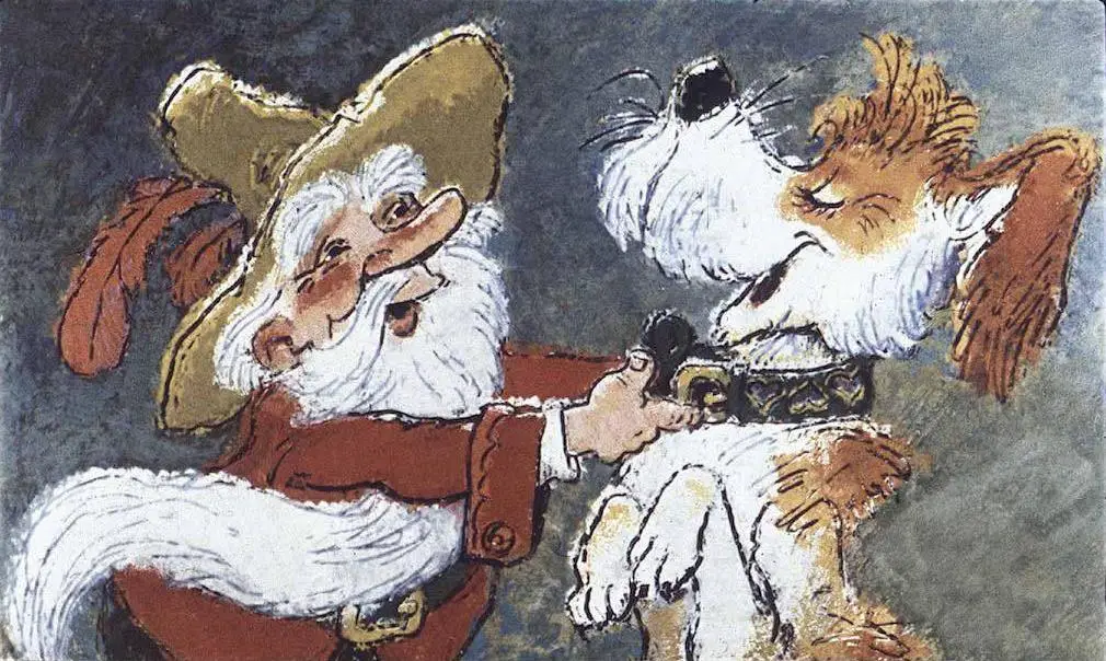 O ilustrație care prezintă un bătrân cu păr alb și barbă, purtând o pălărie de paie, care interacționează cu un câine fericit.