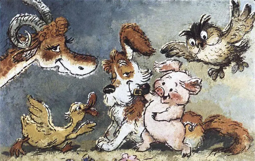 Ilustrație colorată cu animale de fermă, inclusiv un capră, un câine, un porc, o rață și o bufniță, toate interacționând într-un peisaj vesel.