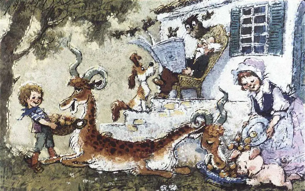 Ilustrație cu un băiețel care hrănește o antilopă, în jur fiind diverse animale și o persoană care citește pe o terasă.