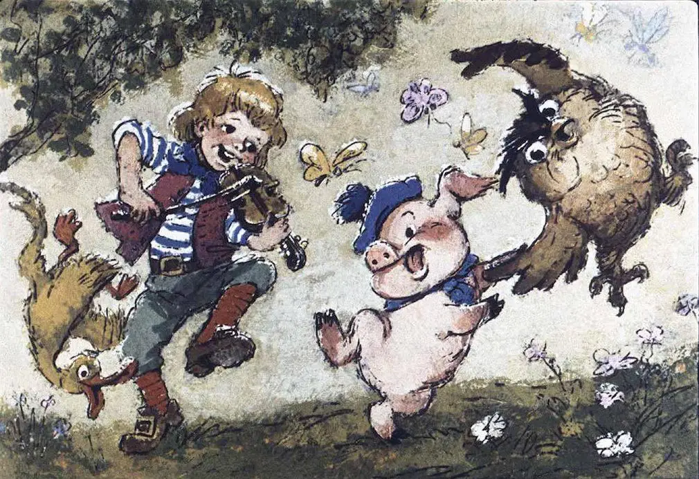 Ilustrație colorată cu un băiat care cântă la vioară, un porc dansând, un urs și un câine jucându-se printre flori și fluturi.