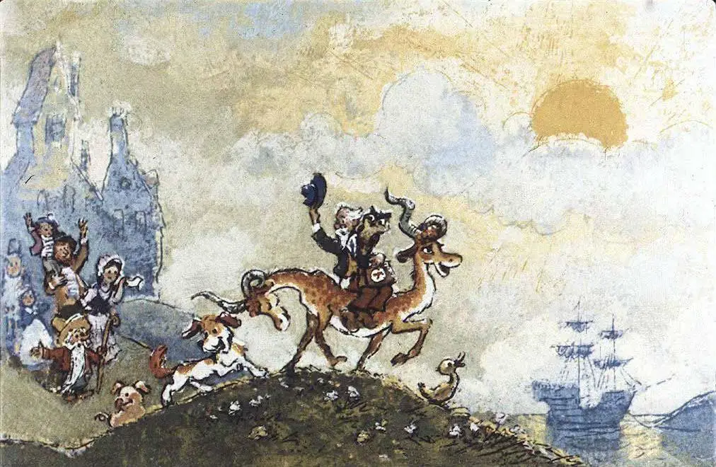 Ilustrație cu o scenă animată, prezentând un grup de personaje, unul pe un cal, altele pe jos, un peisaj cu nave și clădiri în fundal.