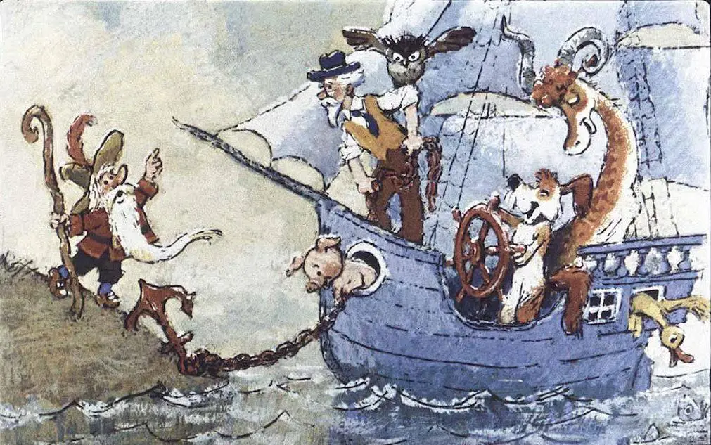 Ilustrație animată cu animale pe o navă, un iepure, o urs, un porc și alte creaturi. Un personaj cu barbă interacționează pe țărm.