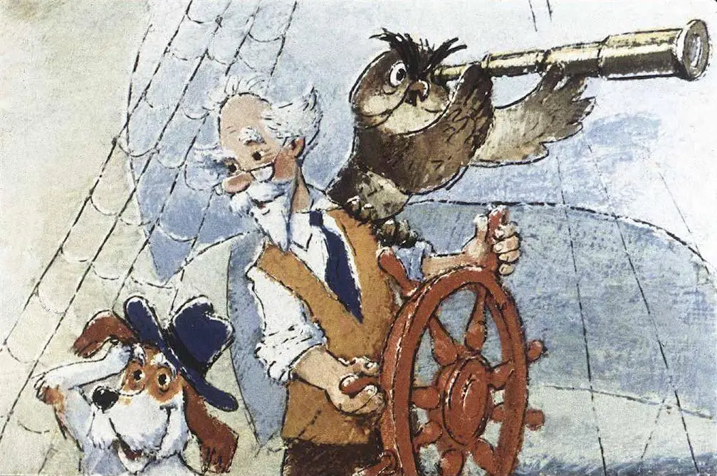 Ilustrație cu un bătrân la timona unei nave, un câine purtând pălărie alături de el și o pasăre de noapte care folosește un telescop.