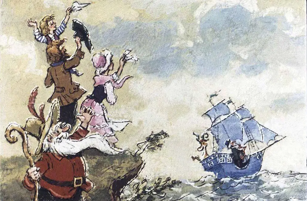 Ilustrație cu oameni pe o stâncă care salută un vas pe mare.