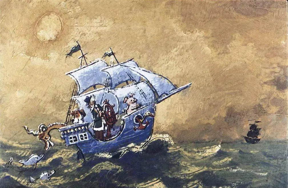 Imagine cu o corabie colorată navigând pe mare, cu personaje de poveste pe punte și un alt vas în depărtare.