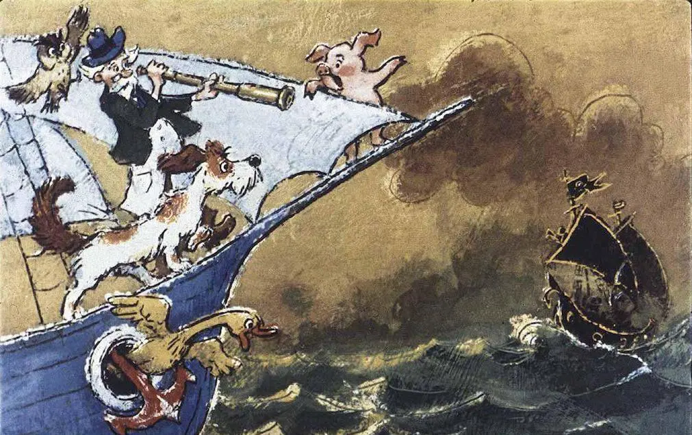 Ilustrație colorată cu animale pe un vas de mare, un om cu un tub de observație și un alt vas în depărtare.