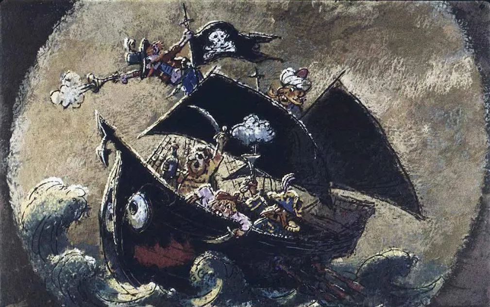 O imagine artistică cu o corabie pirate care navighează pe valuri, cu pirați pe punte, având steaguri cu simboluri specifice piraților.