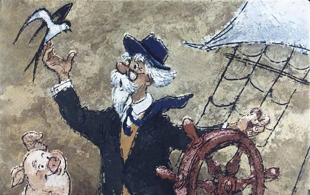 O ilustrare a unui marinar cu o barbă albă, purtând pălărie albastră, care ține în mână o pasăre. În fața lui se află un porcușor, iar în fundal se vede o barcă cu o pânză.