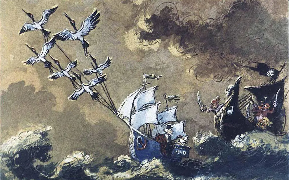 Ilustrație artistică cu nave pe mare și păsări zburând deasupra.