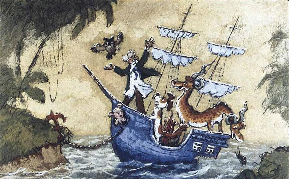 Ilustrație animată cu un personaj uman purtând o umbrelă, înconjurat de animale precum câini, o pasăre, un porc și o vacă, traversând un peisaj maritim.