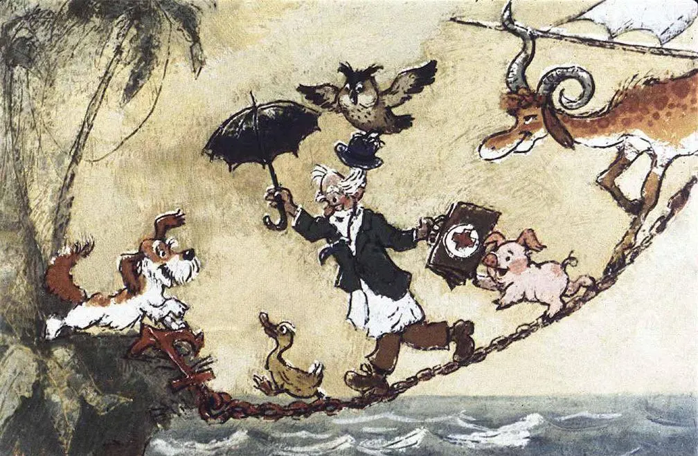 A colorful illustration depicting a figure in a white coat interacting with various animals, including a goat, in a tropical setting with palm trees and a sunset.