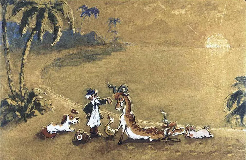 Ilustrație colorată cu un bărbat în ținută formală citind o carte în mijlocul unor animale, inclusiv un câine, o lebădă, o girafă și o pasăre zburând.