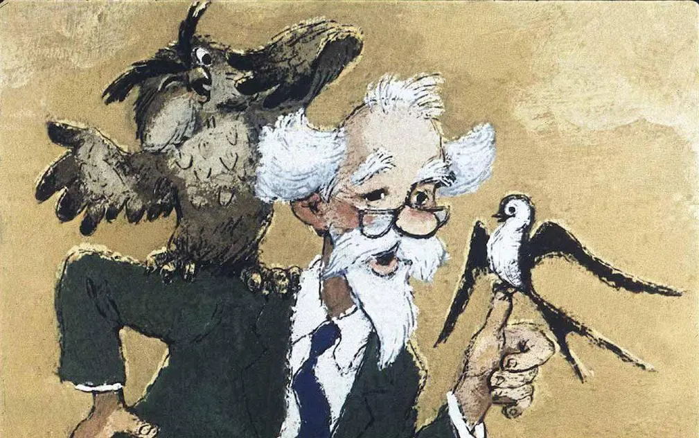 Ilustrație cu două bărci pe apă, populată de animale care interacționează. Una dintre bărci are un marinar și diverse animale pe punte.