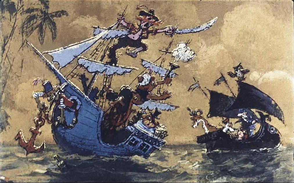 Ilustrație artistică a unor personaje pe o navă ciudată din apă, navigând pe un peisaj maritim.