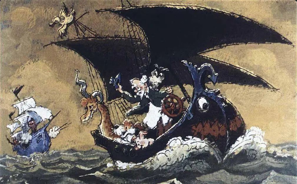 Ilustrație artistică cu un pirat pe o barcă, trăgând spre o altă barcă cu animale, pe un fond de ocean agitat.