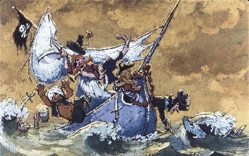 Ilustrație de pirați pe mare, cu un pirat vesel pe un catarg și alții în apă, acompaniat de valuri și steaguri cu schelet.