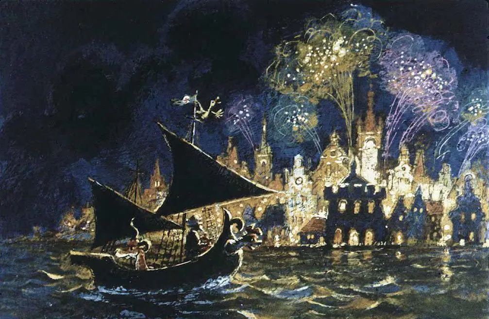 O imagine nocturnă cu un peisaj urban iluminat de artificii colorate, reflectându-se în apă, iar mulțimi de oameni se adună pentru a sărbători.