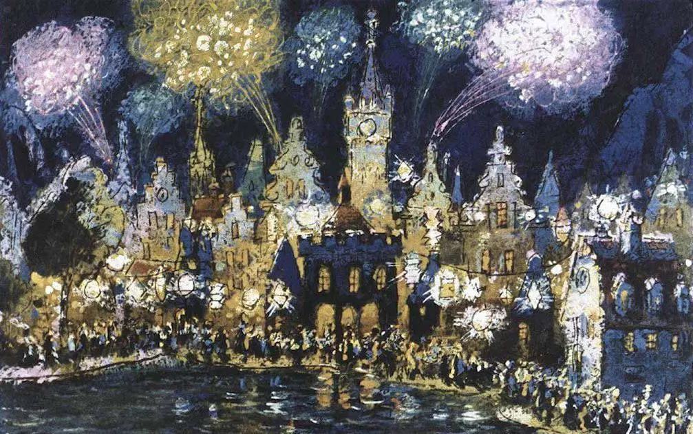 O ilustrare nocturnă în care oamenii dansează în jurul unei focuri de tabără, cu clădiri și copaci luminati de felinare.
