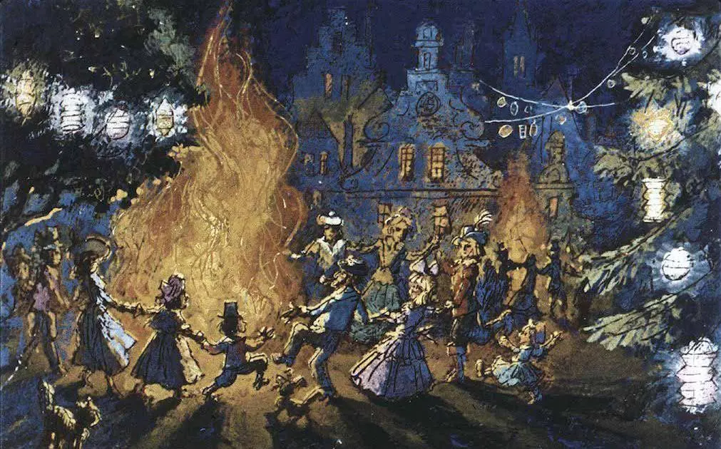 Ilustrație cu un grup de oameni și animale, celebrând pe malul apei, în timpul nopții, cu un peisaj urban în fundal.