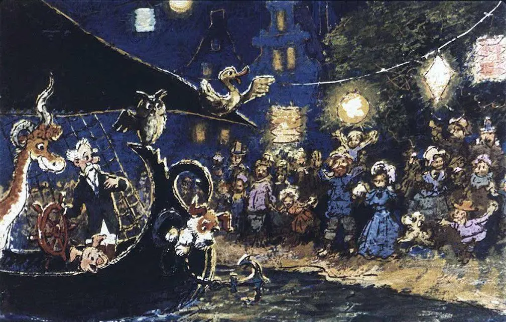 Imagine ilustrație cu un bărbat bătrân, un animal cu coarne și un câine, decorată cu lanterni și flori.