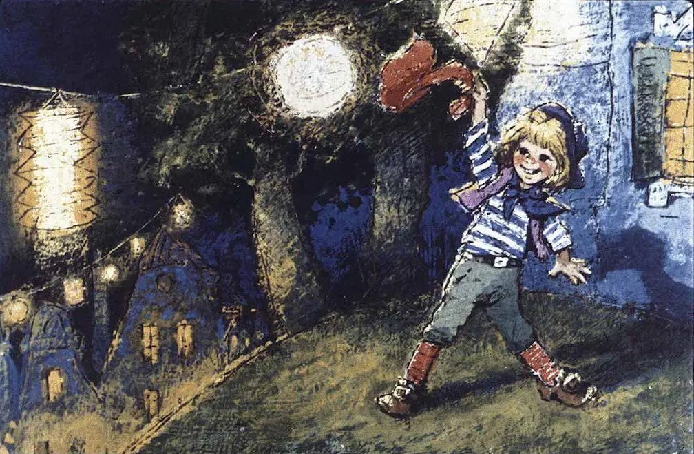 Ilustrație colorată cu personaje fantastice și un peisaj festiv, înconjurată de artificii.