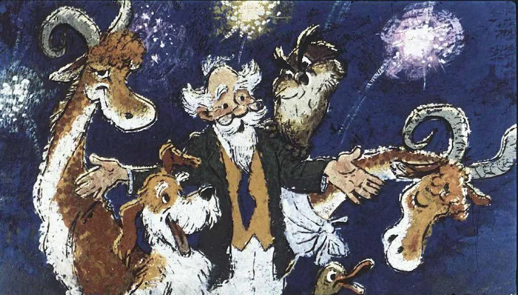 Ilustrație colorată cu un peisaj noaptea, incluzând un cămin cu un turn, un om pe un cal în mijlocul unui spectacol de artificii.
