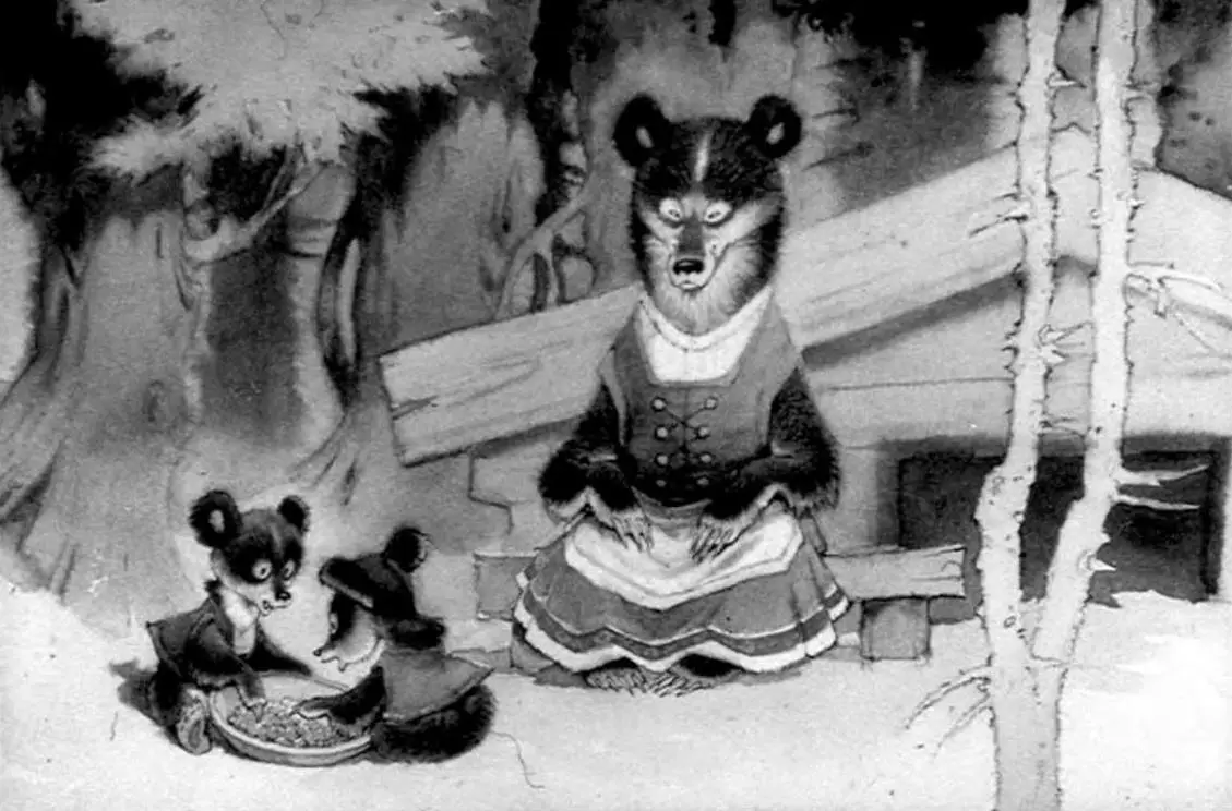 Illustration of a bear wearing a dress sitting on a bench in a forest, with two smaller bears in front of her, one holding a basket.