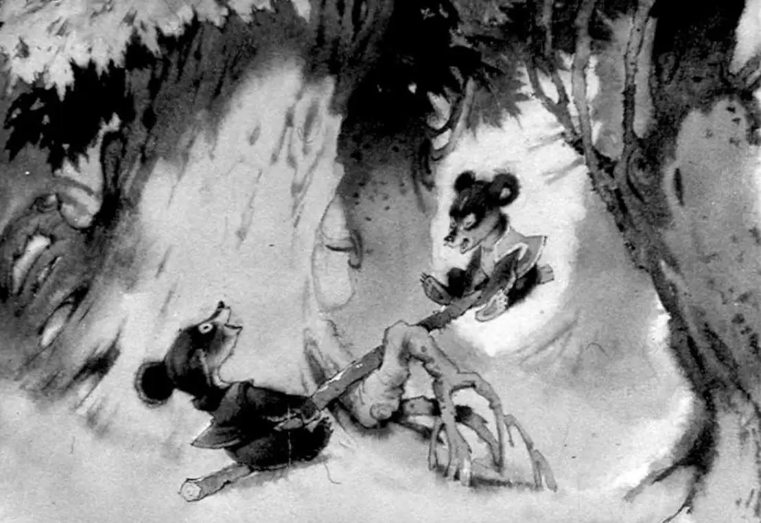 Ilustrație în alb și negru cu doi urși care interacționează într-un mediu forestier.