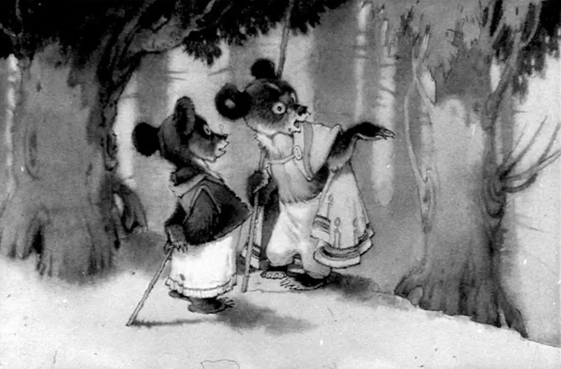 Două personaje animate de tip urs vorbesc într-o pădure, unul dintre ele gesticulând spre un copac.