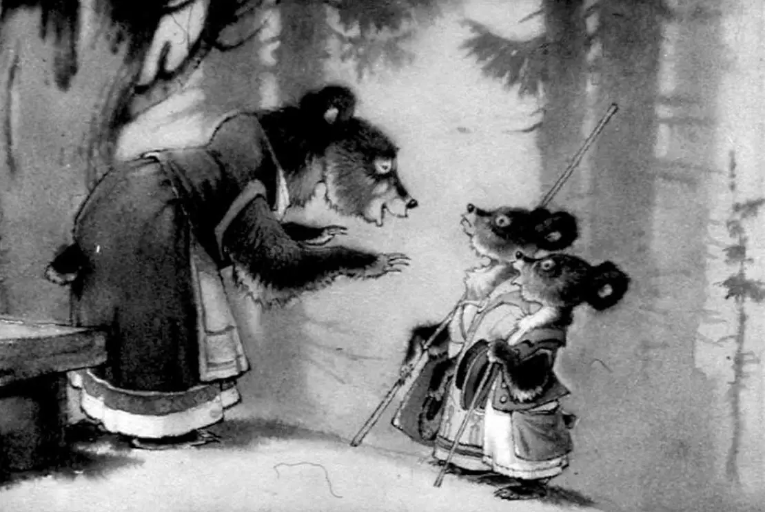 Ilustrație alb-negru cu un urs care vorbește cu doi urși mai mici, într-o pădure.