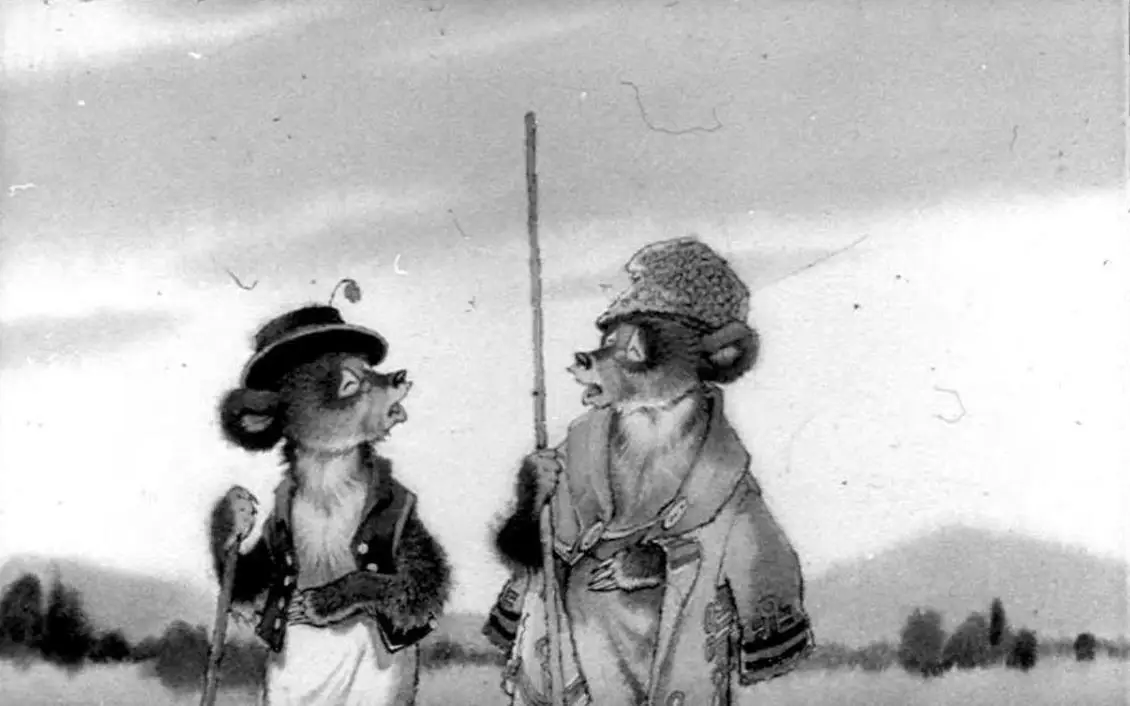Ilustrație în alb și negru cu două animale care seamănă cu urși, îmbrăcați elegant, discutând într-un peisaj deschis.