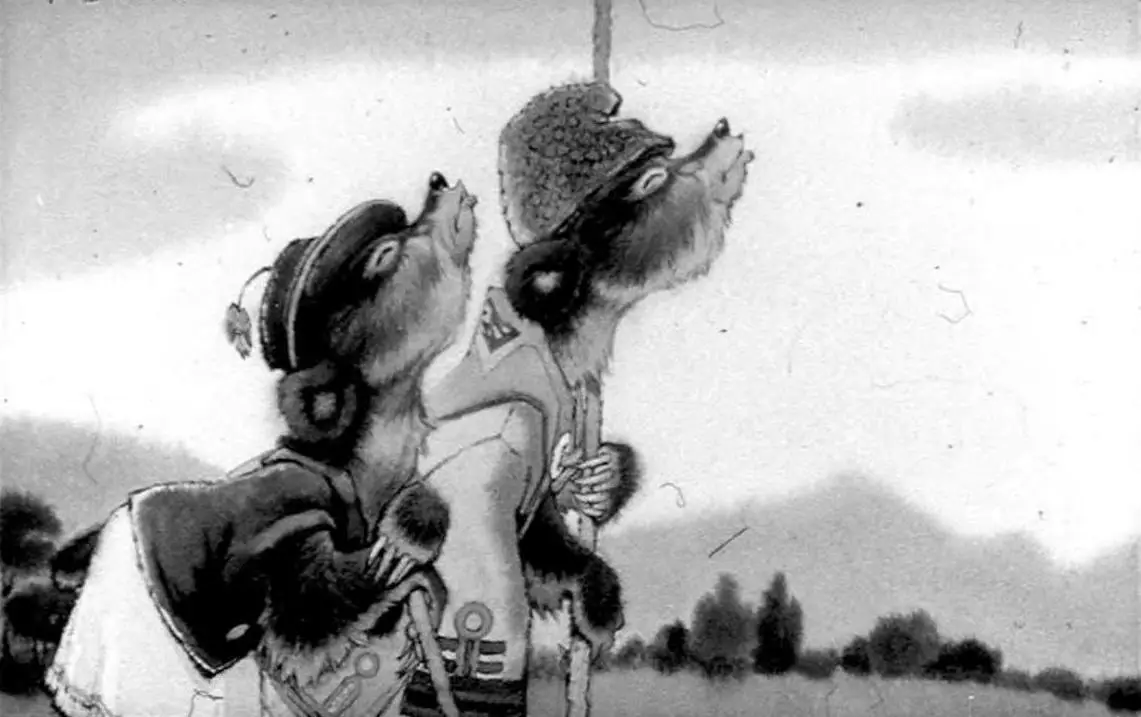 Image in black and white depicting two anthropomorphic bears dressed in vintage clothing, looking upwards against a landscape backdrop.