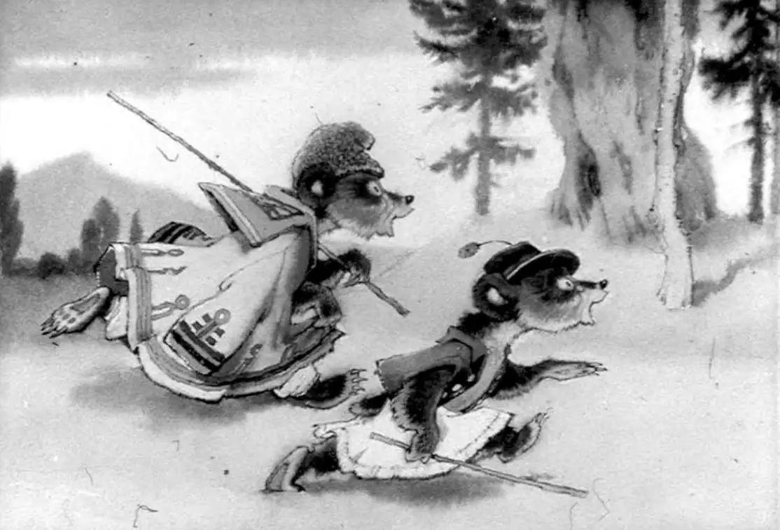 Ilustrație alb-negru cu doi urși care aleargă printr-o pădure, purtând costume tradiționale.
