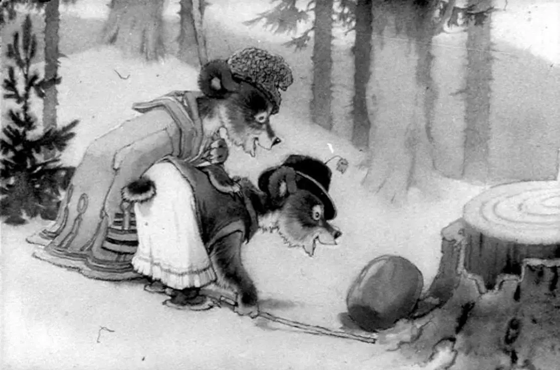 Ilustrație în alb și negru cu două urși îmbrăcați în haine tradiționale, observați în pădure, lângă un trunchi de copac.